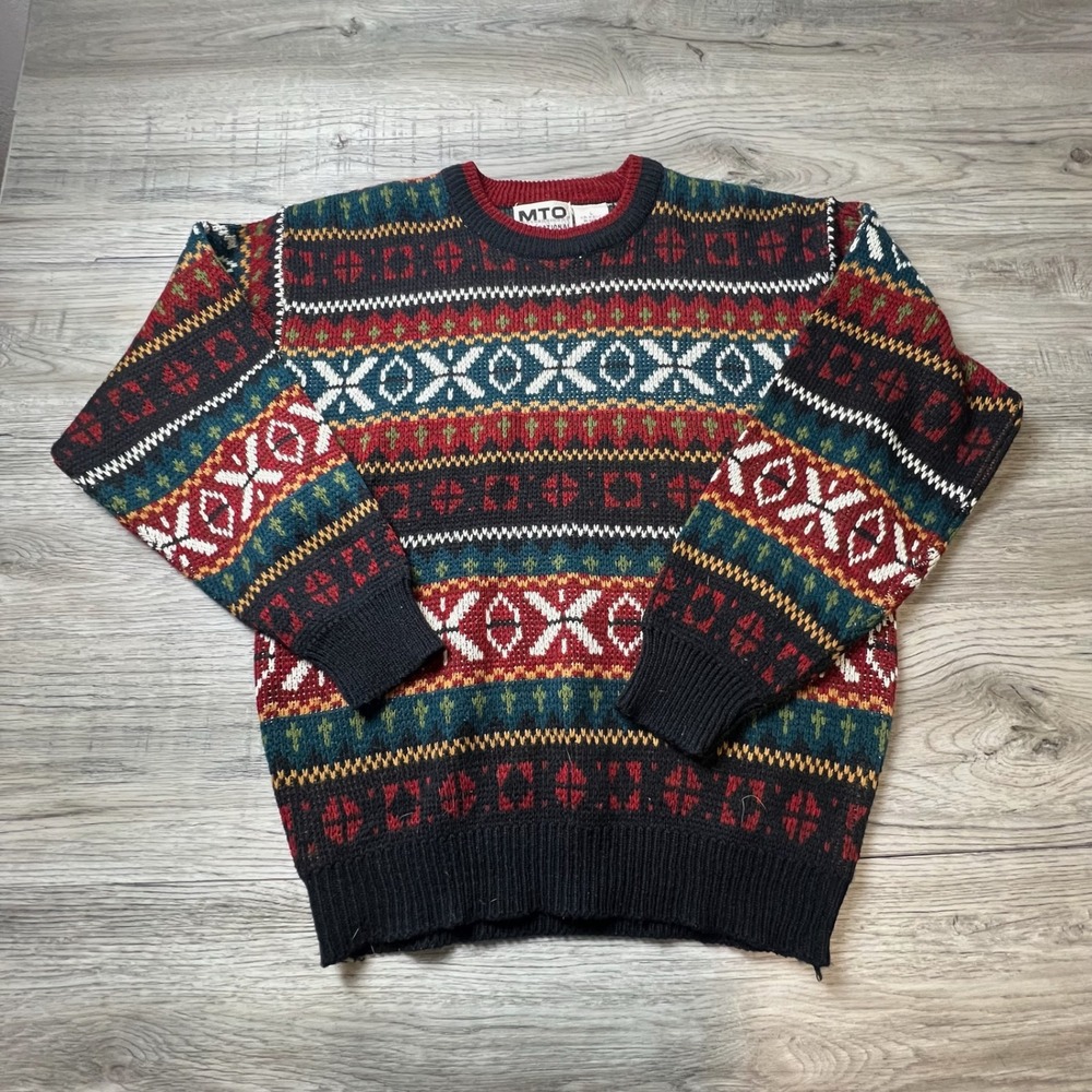 MTO Fair Isle Sweater Mens Large Multi Color Vintage Knit Crewneck‎ Geometric
